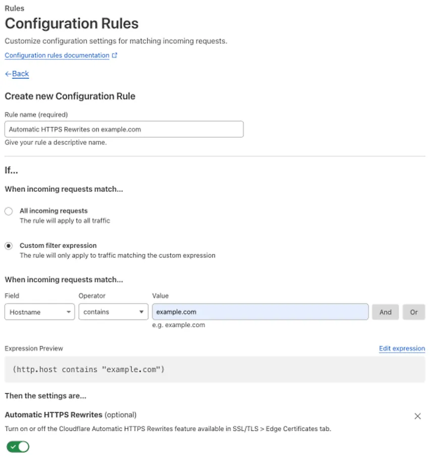 Configuration rule matching the 'Automatic HTTPS Rewrites' setting of the example Page Rule